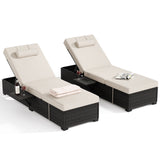 Garvee 2-Piece Outdoor Chaise Lounge Set PE Rattan Recliners with Adjustable Backrest, Side Table & Plush Earth Gray Cushions, All-Weather Steel Frame - Brown Four-Line Rattan + Earth Gray Cushion