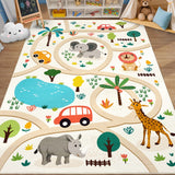 Garvee Kids Play Rugs 4x6 Ultra-Soft Playroom Floor Carpet Mat with Forest Cars Animals Road Pattern, Machine Washable Thin Vehicle Track Rug for Bedroom, Games Room