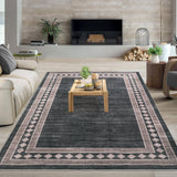 Garvee Washable Modern Area Rug 6x9 Geometric Accent Carpet with Non-Slip Backing, Contemporary Bordered Floor Cover, Soft Low Pile Throw Rug for Living Room, Office, Dark Brown
