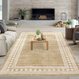 Garvee Washable Modern Area Rug 6x9 Geometric Accent Carpet with Non-Slip Backing, Contemporary Bordered Floor Cover, Soft Low Pile Throw Rug for Living Room, Office, Linen Color