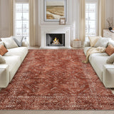 Garvee Large Vintage Rugs 10x13 Stain Resistant Washable Area Rug for Living Room Non-Slip Foldable Carpet Indoor Soft Geometric Neutral Floor Carpet for Bedroom Nursery, Red