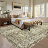 Garvee Vintage Area Rug 6x9 Non Slip Non Shedding Washable Floor Cover, Low Pile Traditional Distressed Retro Carpet, Foldable Floral Print Soft Mat for Dining Room Bathroom Kitchen - Brown
