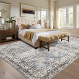 Garvee Vintage Living Room Rug 8x10 Non Slip Non Shedding Washable Floor Cover, Low Pile Traditional Distressed Retro Carpet, Foldable Floral Print Soft Mat for Nursery Bedroom - Blue