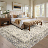 Garvee Vintage Living Room Rug 8x10 Non Slip Non Shedding Washable Floor Cover, Low Pile Traditional Distressed Retro Carpet, Foldable Floral Print Soft Mat for Nursery Bedroom - Beige