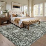 Garvee Vintage Area Rug 6x9 Non Slip Non Shedding Washable Floor Cover, Low Pile Traditional Distressed Retro Carpet, Foldable Floral Print Soft Mat for Dining Room Bathroom Kitchen - Brown Green