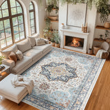 Garvee Large Area Rugs 9x12 Machine Washable Vintage Living Room Rugs, Non-Slip Medallion Indoor Mat, Foldable Thin Floor Cover for Dining Room, Bedroom, Kitchen, Orange Blue - Orange Blue
