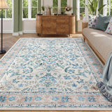 Garvee 10' x 13' Blue Vintage Floral Area Rug, Washable Non-Slip Low-Pile TPR Backing Rug for Living Room, Bedroom & Dining Room