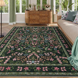 Garvee Green 10x13 Washable Rug for Living Rooms, Vintage Floral Rug with Non Slip Rubber Backing, Soft Thin Low Pile Carpet, Indoor Non Shedding Floor Covering, Foldable Printed Accent Mat