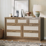 Garvee Boho Rattan 7-Drawer Dresser – Wide Wooden Storage Chest with Gold Metal Handles – Large Bedroom Organizer & TV Stand – Dark Wood Color - Dark Wood