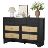 Garvee 7-Drawer Rattan Dresser – Black Mid-Century Modern Chest, Wide Wooden Storage Cabinet with Natural Rattan Accents, Spacious Drawers, Organizer for Bedroom, Living Room, Entryway, Black