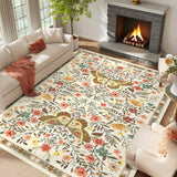 Garvee Farmhouse Dining Room Rug 9x12 Ultra-Soft Low Pile Floor Mats with Non-Slip Backing, Butterfly Floral Bedroom Carpet, Foldable Ultra-Thin Indoor Rug, Easy to Clean, for Living Room, Office, Beige