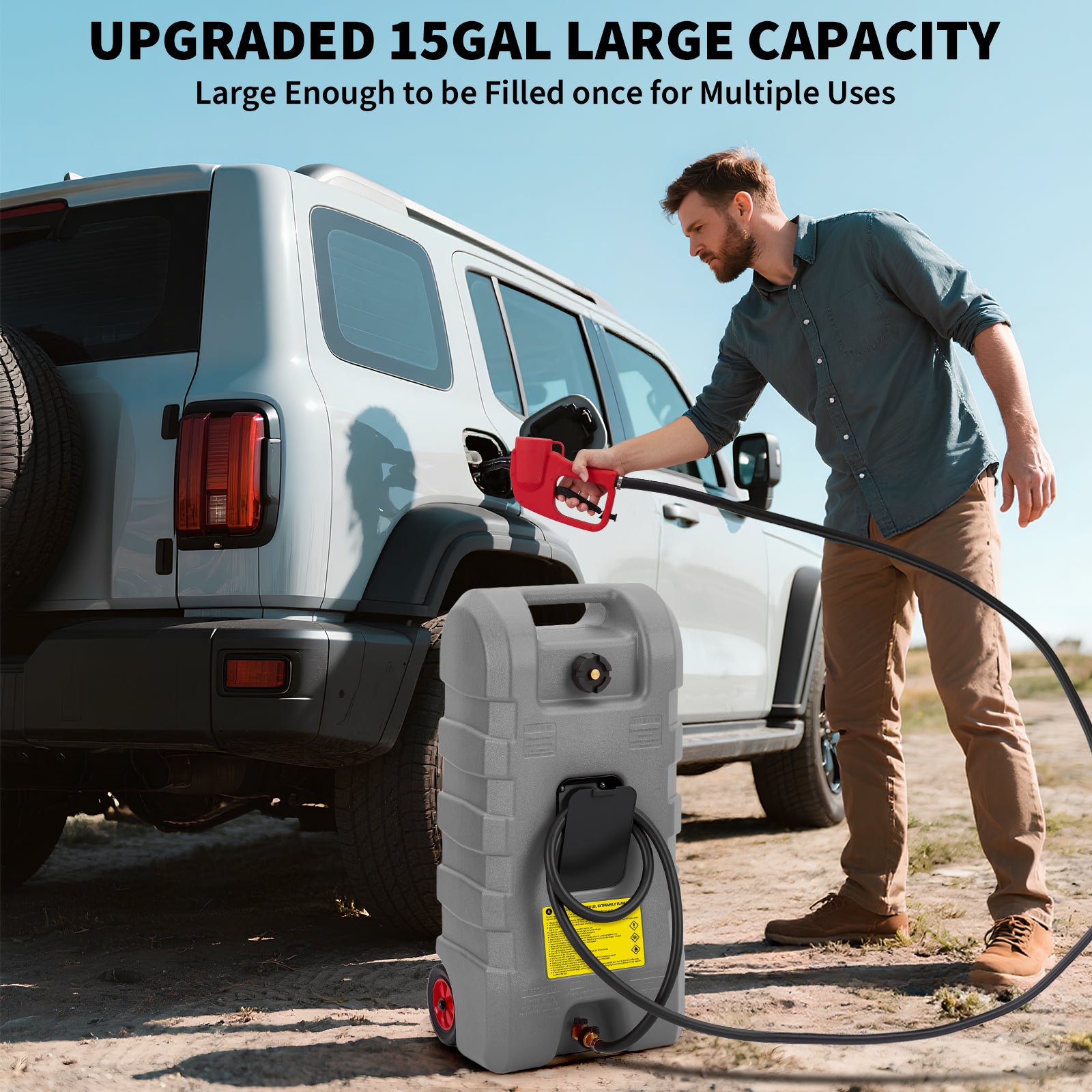 Garvee 15 Gallon Portable Fuel Caddy, 10-ft hose, siphon pump, 7.5 L/min manual nozzle, diesel/gasoline tank - Gray