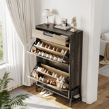 Garvee Freestanding Narrow Shoe Storage Cabinet – 2 Turnover Drawers, 1 Pull-Out Drawer, 3-Tier Adjustable Shelves for Entryway, Hallway or Living Room – Brown Cabinet Body Contrasts with Natural Wood Drawer Surface
