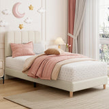 Garvee Twin Bed Frame Boucle Upholstered Platform Bed for Girls Kids Beige, Safe Low-Profile, Sturdy Wooden Slats, Easy Assembly