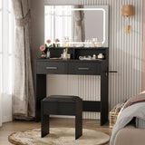 Garvee Vanity Set with 3-Color Adjustable LED Mirror, Power Outlet, 2 Drawers, Modern Dressing Table and Cushion Stool for Bedroom, Black, 32x16x54 in - Black