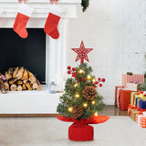 Garvee 12inch Tabletop Mini Christmas Tree Set with LED Lights, Berries, Pine Cones, Pre-lit Small Artificial Green Tree Decoration for Xmas Table Indoor Holiday(Red)