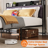 Garvee Queen Bed Frame with Storage Drawers, Grey Upholstered Headboard, Black Bedframe with Charging Station, Queen Size