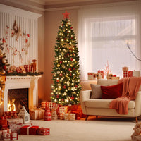 Garvee 9ft Christmas Tree, Prelit Artificial Pencil Xmas Tree with Dual-color LED Lights, Easy Assemble, Xmas Decor for Home Party Office Mall Holiday