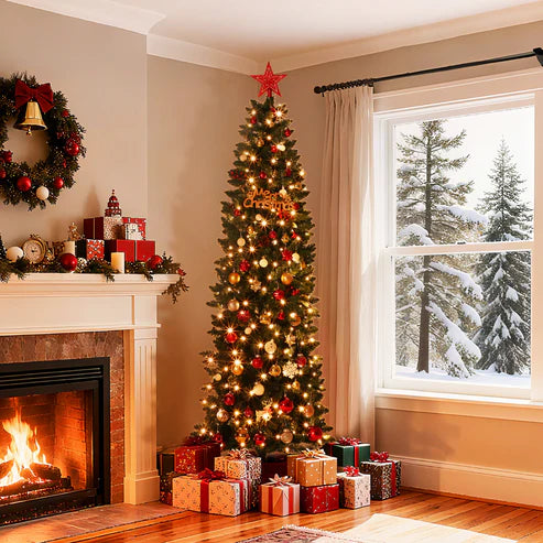 Garvee 9ft Christmas Tree, Prelit Artificial Pencil Xmas Tree with Dual-color LED Lights, Easy Assemble, Xmas Decor for Home Party Office Mall Holiday