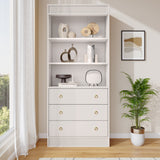 Garvee Modern Fluted Bookshelf with Drawers – 6-Tier Tall White Bookcase, Waved Open Shelves & Storage Cabinet, Freestanding Wooden Display Shelf for Living Room, Dining Room, or Office, White, 80 Double Wave - White