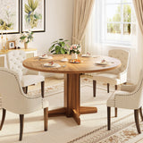 Garvee 47" Farmhouse Round Dining Table in Wood Grain Design with Wood Pedestal Base Suitable for 2-4 Peaple, Walnut