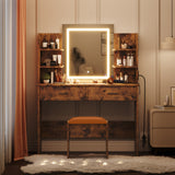 Garvee Vanity Desk Set with Lighted Mirror, Makeup Table with Power Outlet & Storage Drawers, Rustic Brown, 39.88×104.9×141.99 cm - System Default_1