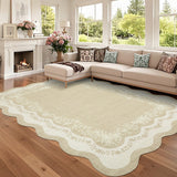 Garvee Scalloped Washable Rug 5x7 Floral Area Rugs for Living Room, Non Slip Low Pile Soft Throw Carpet, Stain Resistant Indoor Foldable Floor Mats for Dining Room, Kitchen, Beige - Beige-Style2