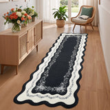 Garvee Scalloped Runner Rug 2x6 Washable Area Rugs for Entryway, Non Slip Low Pile Floral Kitchen Runner, Stain Resistant Foldable Bath Mat, Indoor Floor Carpet for Bedroom, Hallway, Black