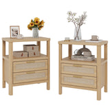 Garvee Set of 2 Large Rattan Nightstands with Drawers & Open Shelf - Fluted Bedside Tables 20 Inch Tall - Narrow Side Tables for Bedroom, Living Room, Farmhouse Modern Design - Light Oak