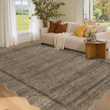 Garvee Extra Large Washable Rug 10x13 Scalloped Washable Rug with Non Slip TPR Backing, Soft Non Shedding Neutral Carpet, Indoor Low Pile Thin Foldable Mat, Modern Carpet for Open Space, Dark Brown