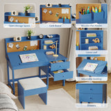 Garvee Kids Desk And Chair Set Wooden Study Table With Adjustable Tilt Desktop Drawers Cork Board Blue For Boys Girls Ages 3-8 - Blue