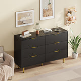 Garvee 6 Drawer Dresser Black Fluted Modern Bedroom Wide Wooden Chest Storage Organizer Metal Handles Legs