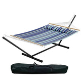 Garvee 475 lbs Extra Wide Double Hammock with Adjustable Steel Stand for 2 Adults – Blue Quilted Fabric, Heavy Duty, Portable, Includes Soft Pillow & Carry Bag – Outdoor/Indoor, Patio, Garden, Camping, Backyard – Wide Hammock + Blue Fabric