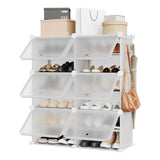 Garvee 6-Cube Modular Plastic Shoe Storage Cabinet with Doors - Stackable 2-Column 6-Tier Shoe Rack Organizer, Dustproof Translucent Panels, Side Hooks, Easy DIY Assembly for Closet Entryway - White - White