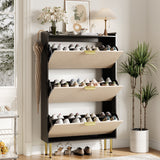 Garvee Slim Tilt-Out Shoe Cabinet for Entryway, 3 Reverse-Drawer Compartments - Adjustable Shelves - Metal Legs, Holds 18-24 Pairs, Narrow Freestanding Shoe Organizer, Black - Black