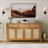 Garvee 63" Farmhouse Rattan Sideboard Buffet Cabinet - 3 Drawers, 4 Doors, Adjustable Shelves - Wood Storage Credenza Coffee Bar Console for Kitchen/Dining/Entryway - Dark Oak 1 - Deep Oak