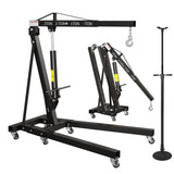 Garvee 2 Ton Folding Hydraulic Engine Hoist Shop Crane (Cherry Picker) Combo with 3/4 Ton Underhoist Support Stand - 4-Position Adjustable Boom - Heavy-Duty Steel, Casters - Black - Black