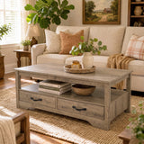 Garvee Farmhouse Coffee Table with Storage, Wood Coffee Table for Living Room, Open Display Area and Storage Drawers with Metal Handles, Chic Style with Curved Base. Oak and Brown