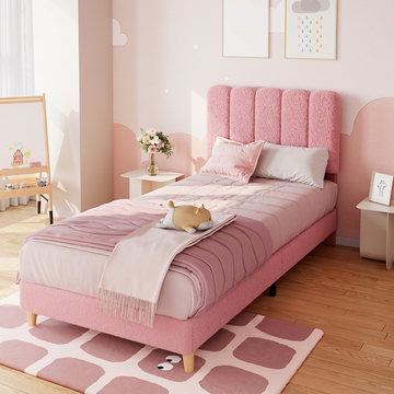 Garvee Twin Bed Frame Boucle Upholstered Platform Bed for Girls Kids Light Pink Safe Sturdy Easy Assembly