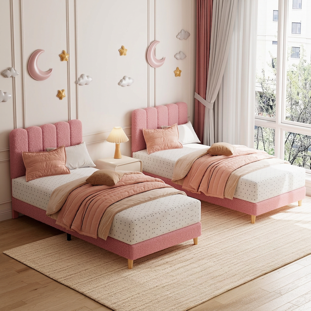 Garvee Twin XL Bed Frame Boucle Upholstered Platform Bed Wave Headboard Kids Girls Light Pink