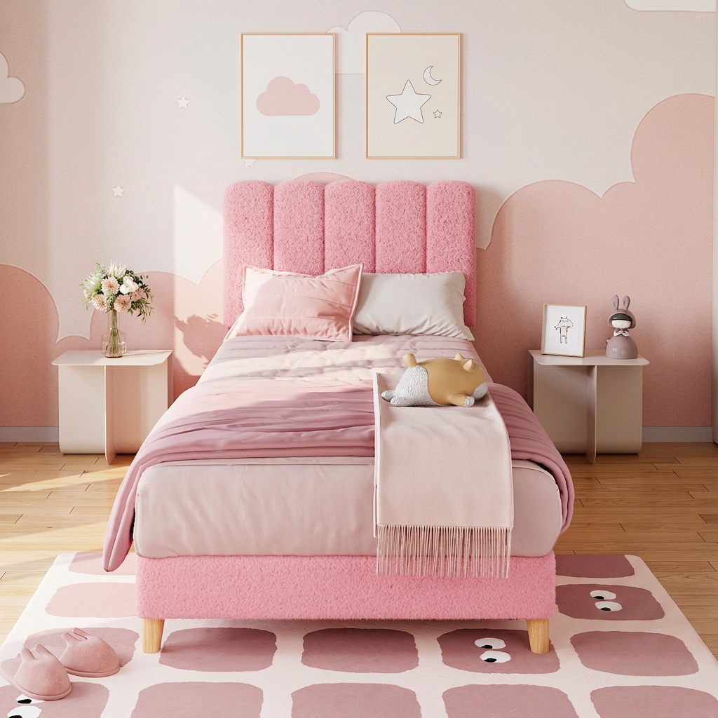 Garvee Twin Bed Frame Boucle Upholstered Platform Bed for Girls Kids Light Pink Safe Sturdy Easy Assembly