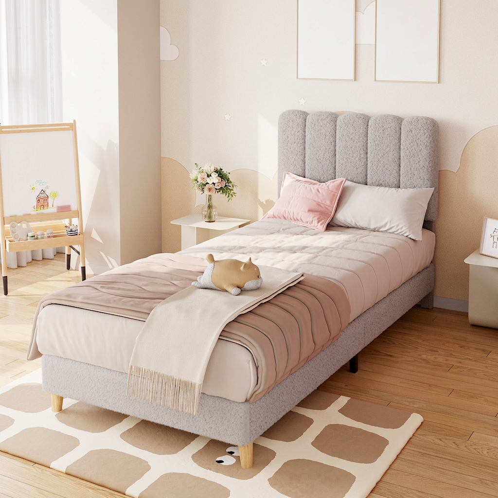 Garvee Twin Bed Frame Boucle Upholstered Platform Bed Wave Headboard Kids Girls Boys Grey