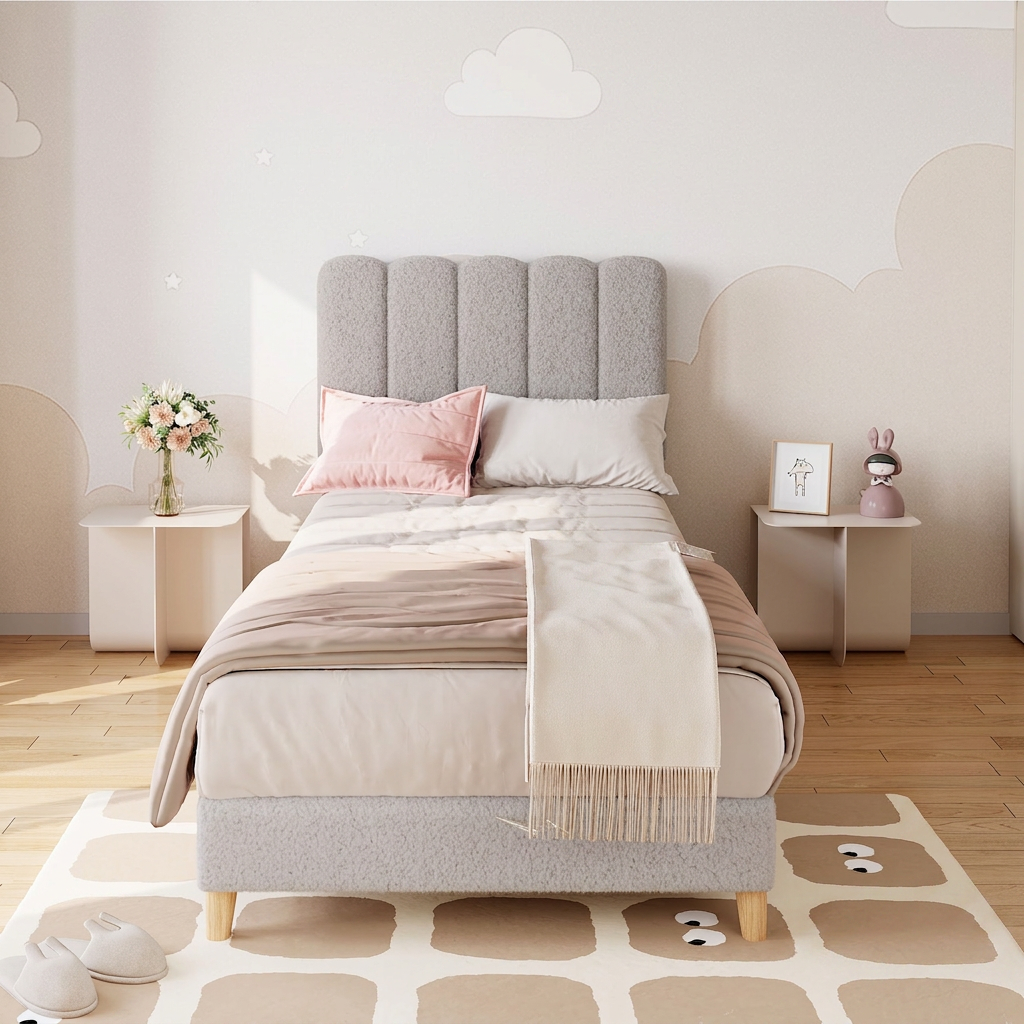 Garvee Twin Bed Frame Boucle Upholstered Platform Bed Wave Headboard Kids Girls Boys Grey