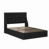 Garvee Queen Bed Frame Velvet Upholstered Wing Side Headboard Navy Blue Queen Size Platform Bed