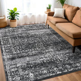 Garvee Large Area Rug 9x12 Washable Rug Non Slip Backing Living Room Rug Vintage Stain Resistant Throw Rug Indoor Soft Low Pile Floor Cover for Bedroom Dining Room Office, Black