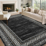 Garvee Bordered Dark Grey 9x12 Large Washable Thin Area Rug Soft Low Pile Non Shedding Floor Carpet Modern Anti Slip Rug, Distressed Geometric Bordered Rug for Living Room, Bedroom, Office