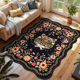 Garvee 9' x 12' Cat Floral Area Rug, Machine Washable Non-Slip Soft Low-Pile Rug for Bedroom, Kids Room & Living Room, Black