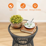 Garvee Modern Woven Rope Outdoor Side Table – Round Patio End Table with Wooden Top – Weather-Resistant, Small Accent Table for Balcony, Poolside, or Garden – Gray + Natural Wood, Diameter 16in Height 20in