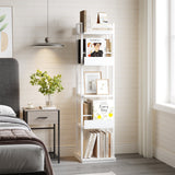Garvee 360° Rotating Corner Bookshelf Tower, 5-Tier Freestanding Bookcase with Guardrail - Tall, Narrow Industrial Storage Shelf - Perfect for Living Room, Bedroom, Office, Study - White Small Embossed