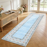 Garvee Light Blue Washable Bordered Runner Rug 2' × 6', Non Slip Low Pile Stain Resistant Rug for Kitchen, Hallway, Entryway, Laundry Room